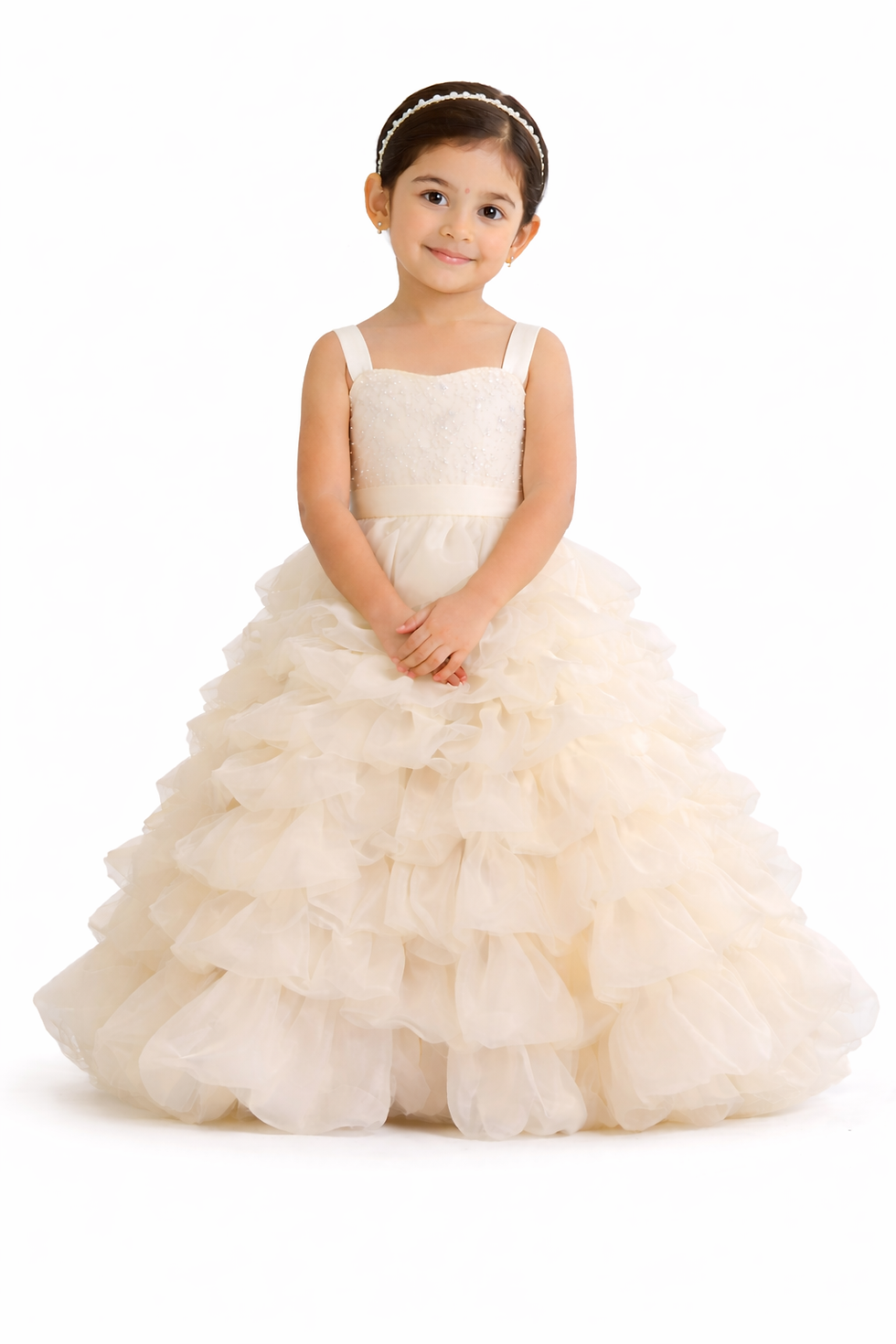 Thumbnail: Girls Cream Ruffle Princess Gown Kids Birthday Party Dress