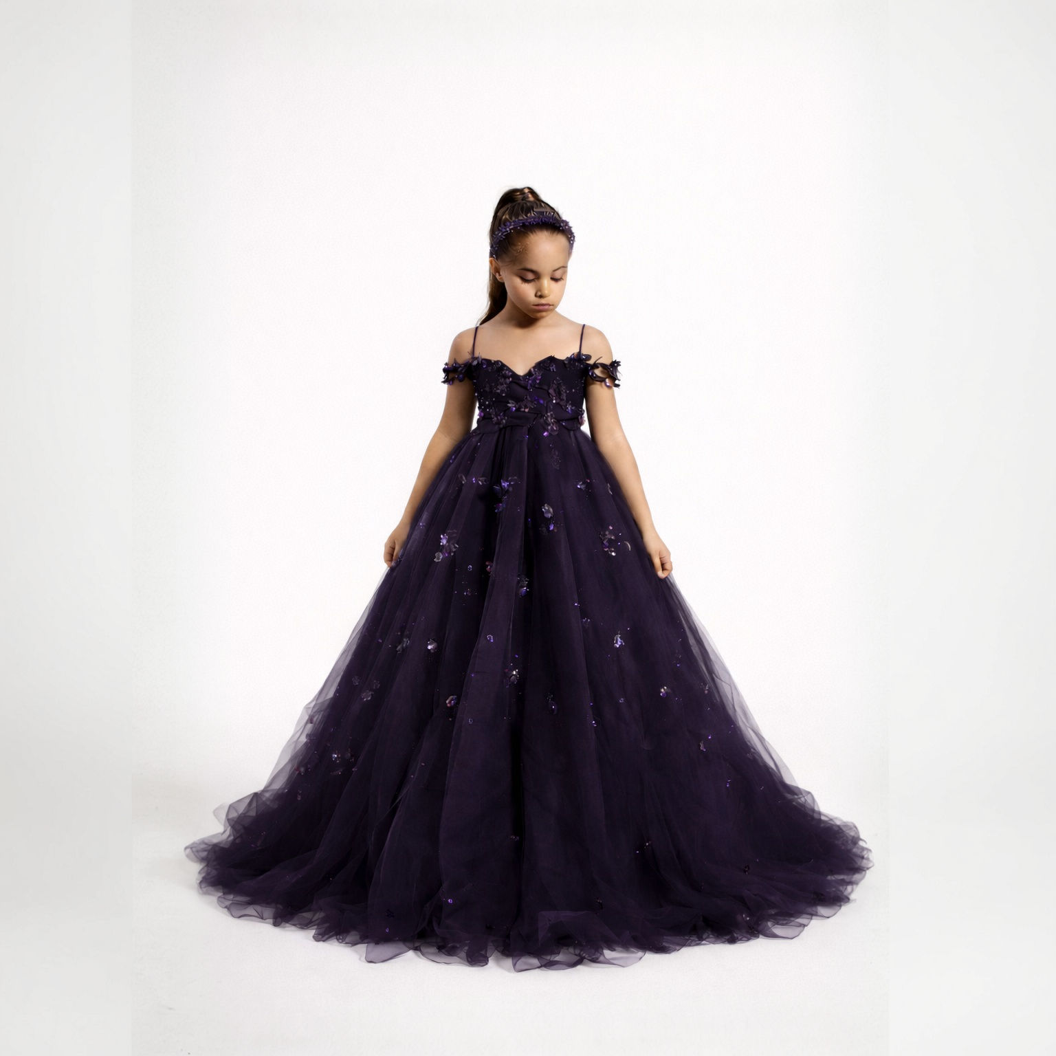 Girls Dark Purple Princess Party Gown | Kids Embellished Tulle Wedding Dress