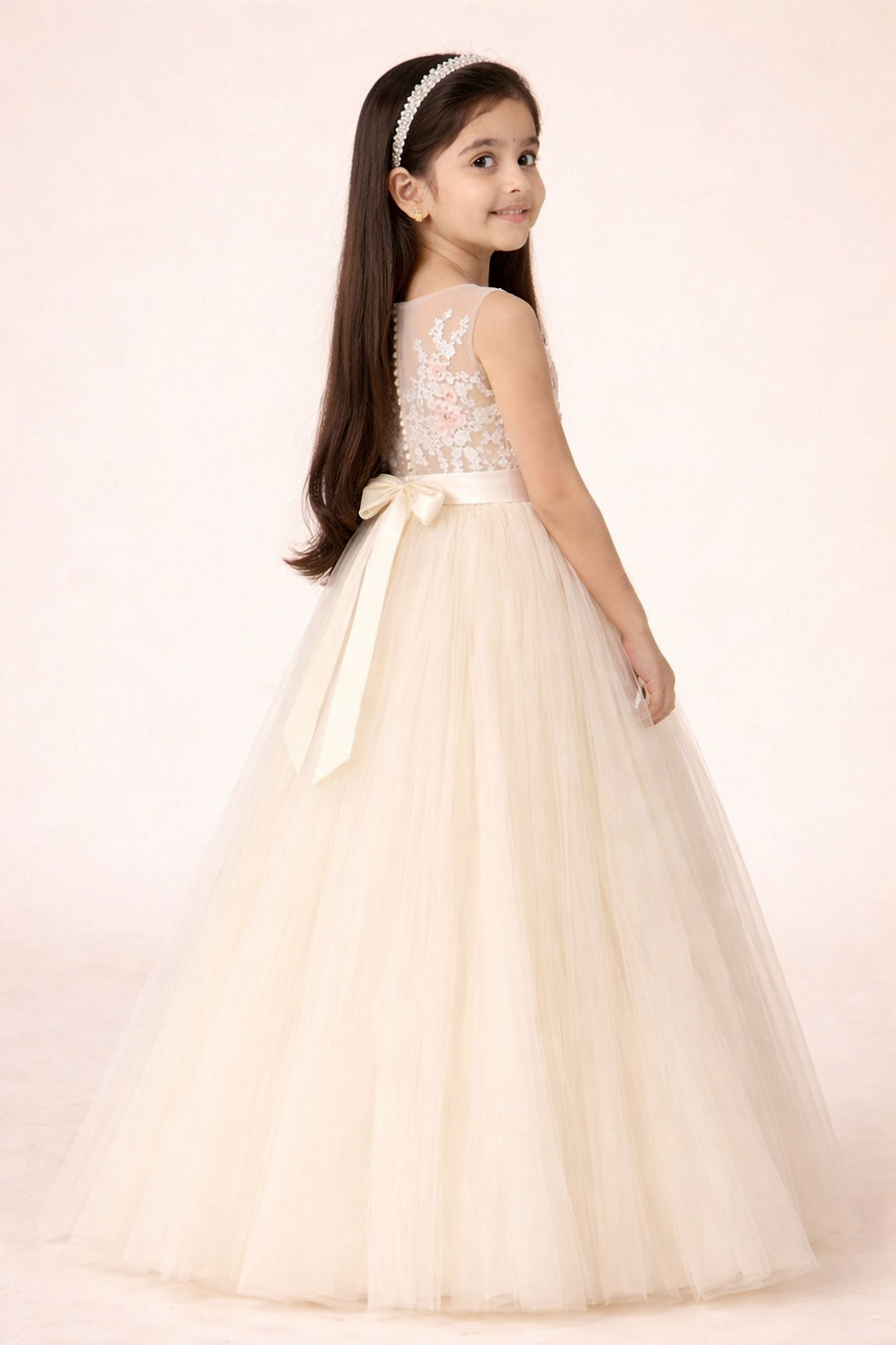 Thumbnail: Girls Cream Princess Gown Kids Wedding Party Tulle Dress