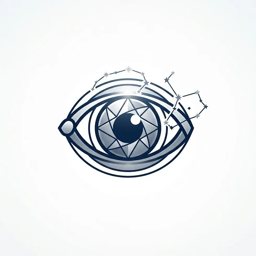 Digital illustration of an eye with a camera aperture iris and star constellations above it. A sleek, mystical logo design on a light background.