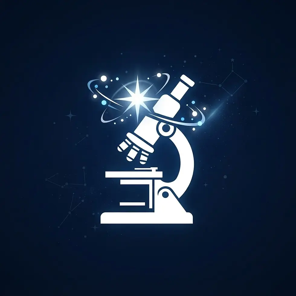 Vector graphic illustration of a white microscope centered against a dark blue cosmic background. The style is modern and minimalist with glowing orbital lines and sparkling stars emitting from the instrument.