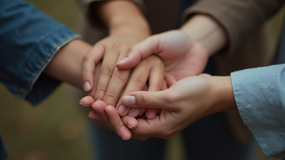 Close-up view of hands joined together in a supportive gesture