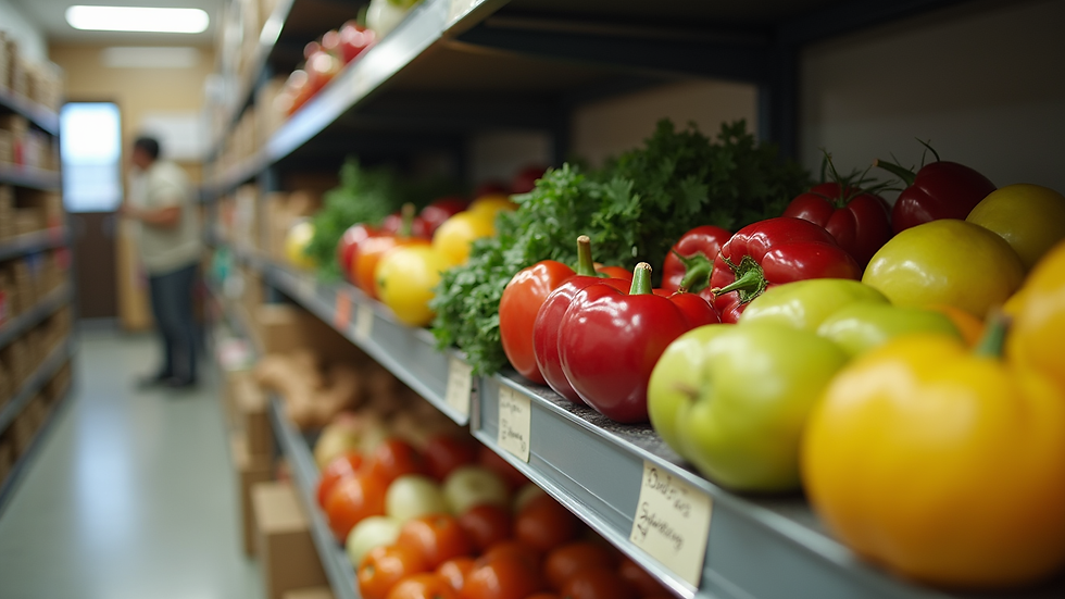 Close-up view of a community food pantry shelf stocked with fresh produce