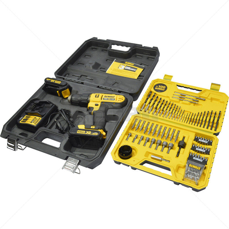 Thumbnail: DeWalt Hammer Drill Driver Kit 18VDC XR Li-ion Incl 100pc Dril bit set