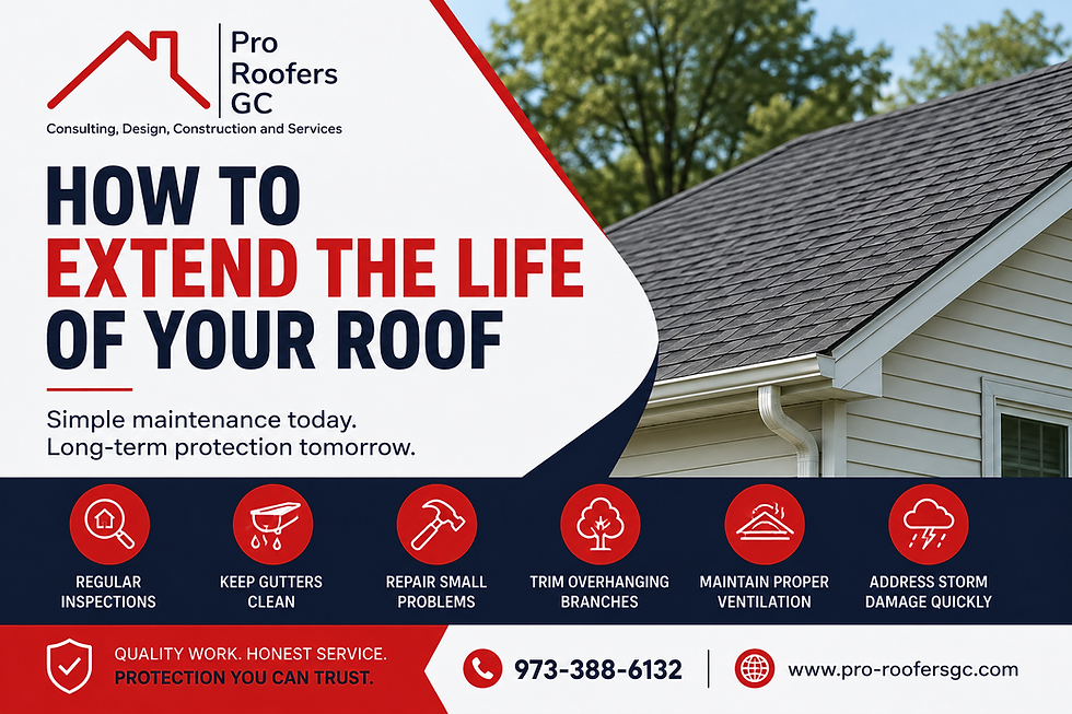 Residential roof with Pro Roofers GC branding promoting roof maintenance.