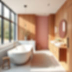 an open, contemporary bathroom design with blush pink and warm wood