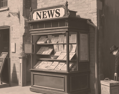 An old painting of a nostalgic news stand from like the early 1900's near a brick building
