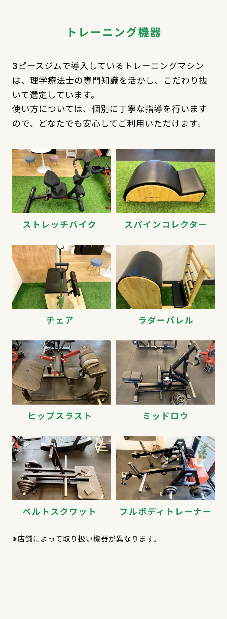 吹田市千里山と浜松市初生町にあるセミパーソナルジムである３ピースジムのトレーニン器具の紹介