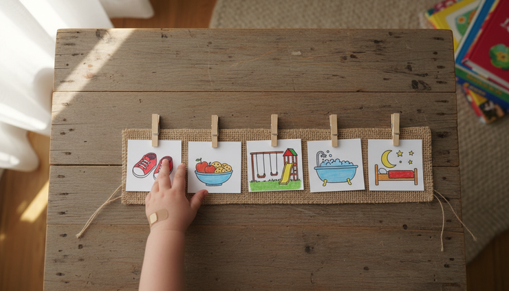 Overhead view of a simple picture schedule with shoes, snack, play, and bedtime cards