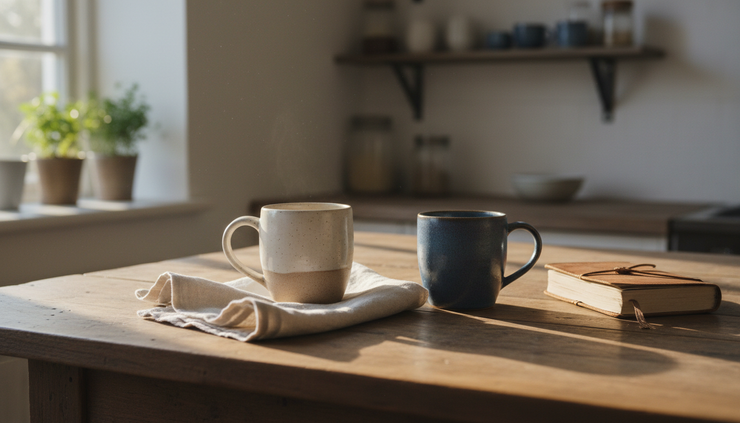 Eye-level view of two mugs sitting apart on a quiet kitchen table