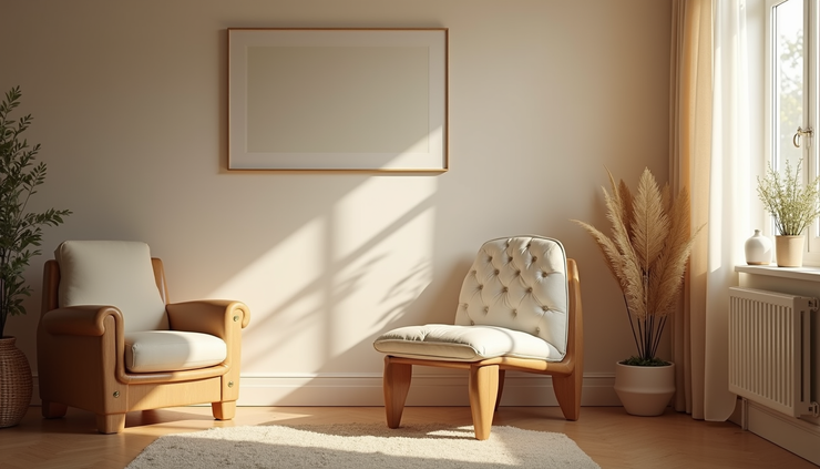Eye-level view of a cozy therapy room with a comfortable chair and soft lighting