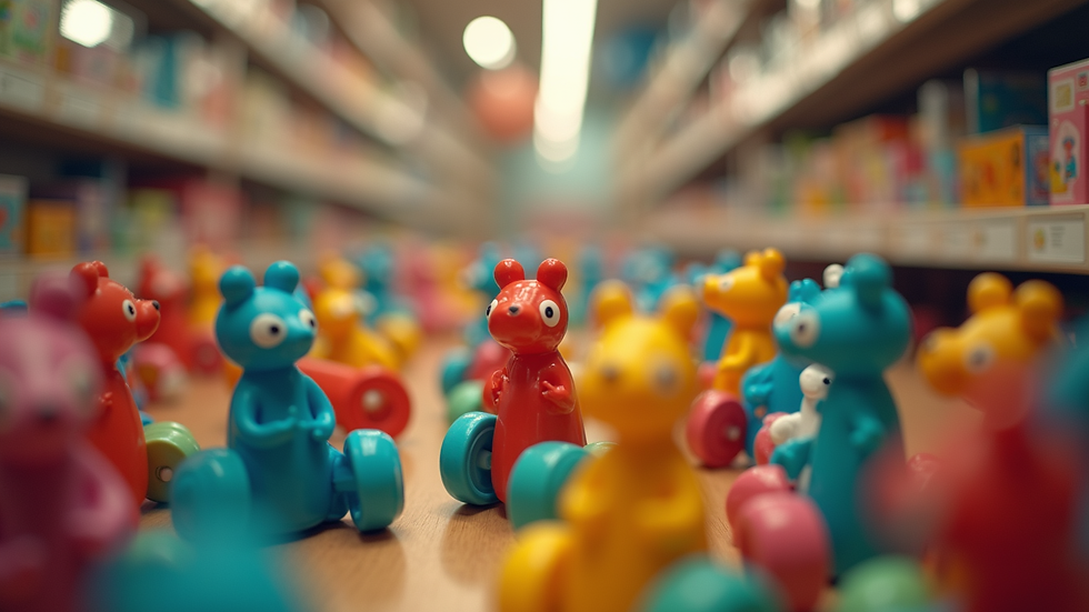Close-up view of a colorful toy rental display