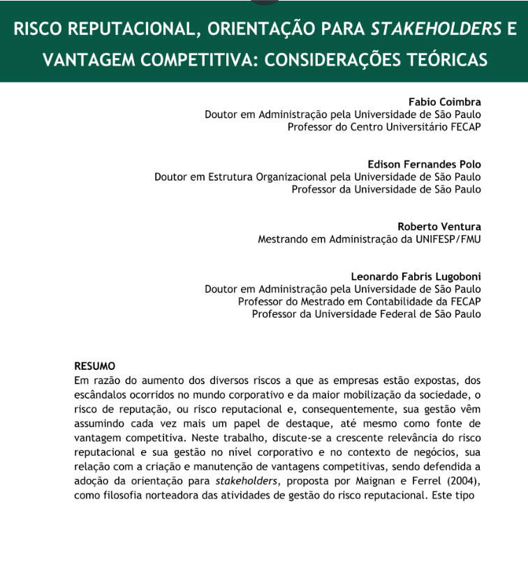 Risco Reputacional, Orientação para Stakeholders e Vantagem Competitiva.