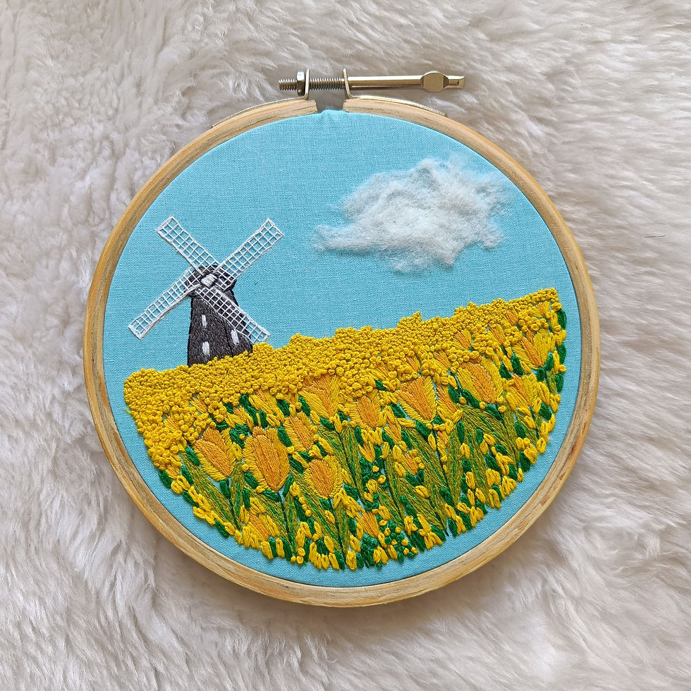 Windmills and Tulips Hand Embroidered Artwork