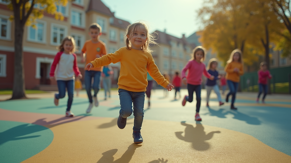 Eye-level view of a vibrant school playground filled with children playing