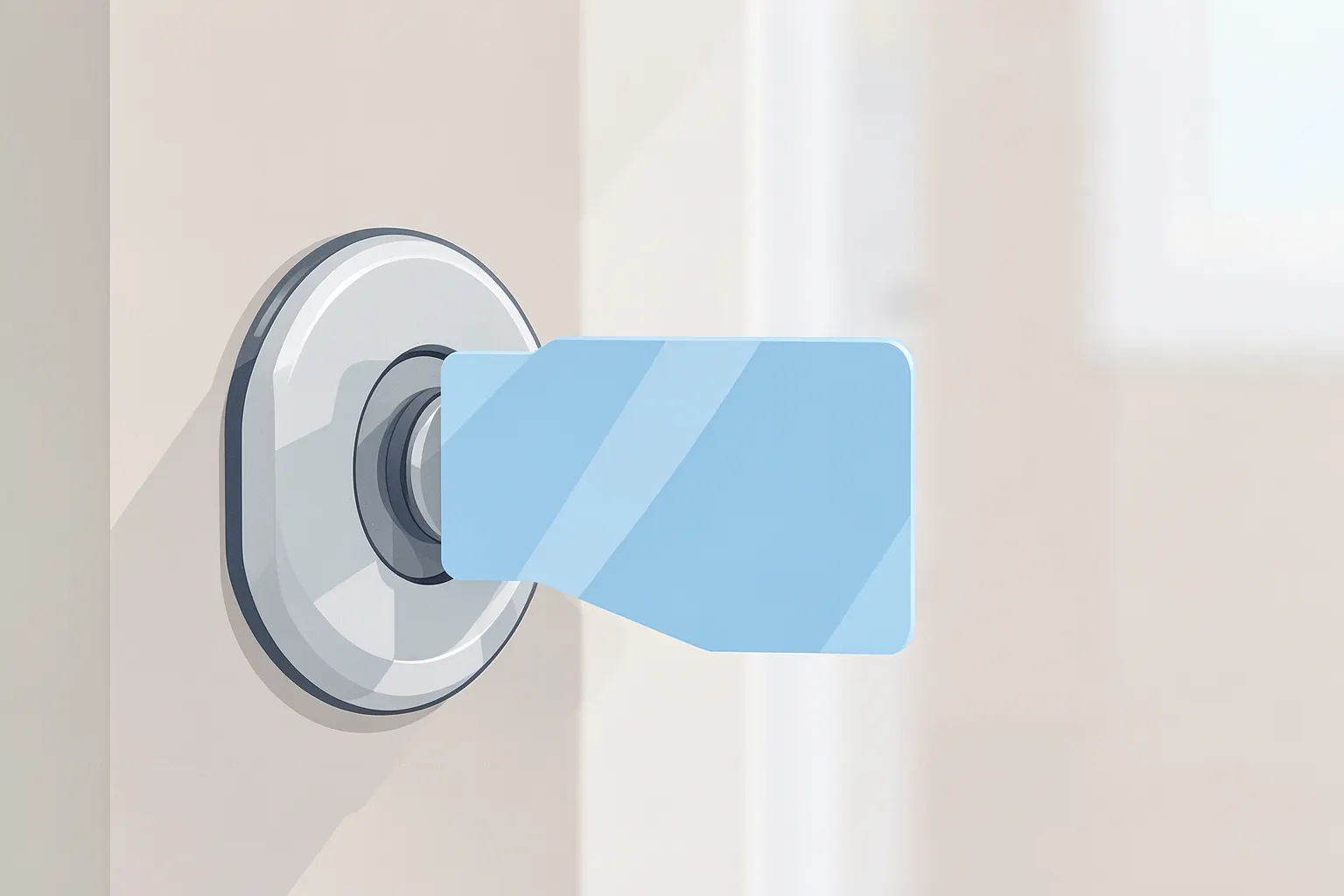 Uma mão segurando um cartão de plástico perto de uma fechadura de porta, com foco na fechadura.