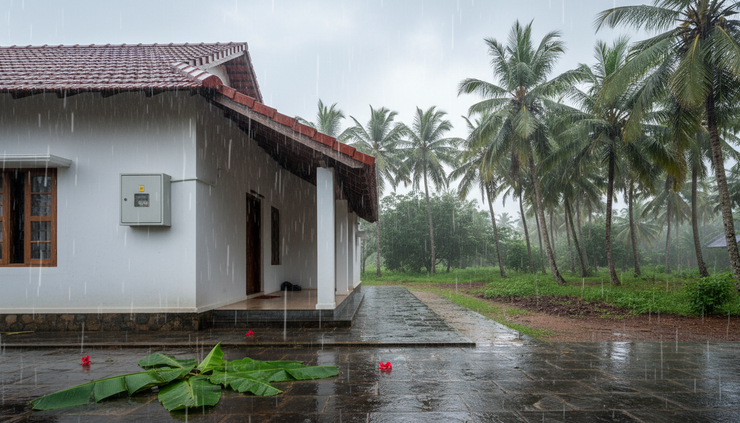 Wide-angle view of a Kerala home exterior on a rainy day with protected outdoor electrical fittings