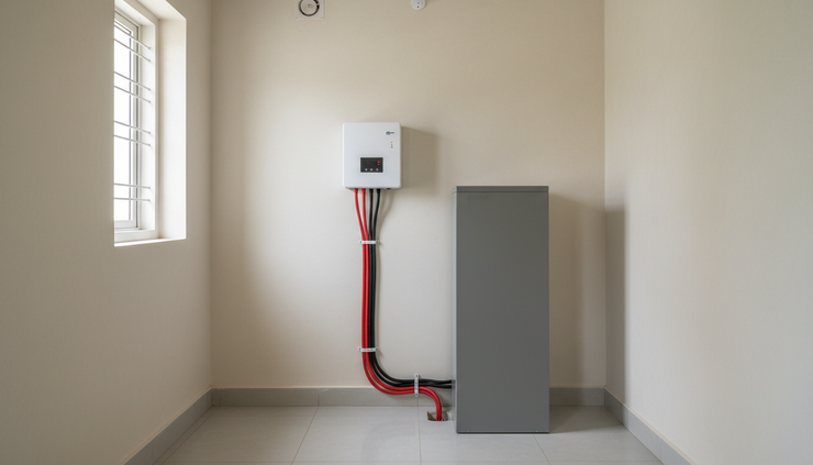 Eye-level view of a home inverter and battery installed in a clean ventilated corner