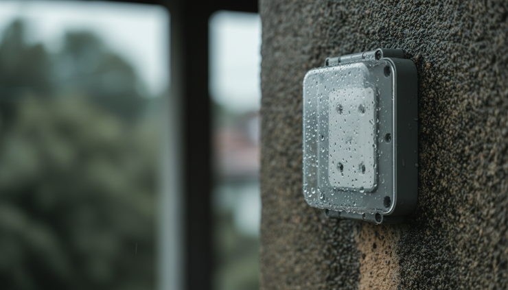 Close-up view of a weatherproof outdoor electrical socket on a damp wall