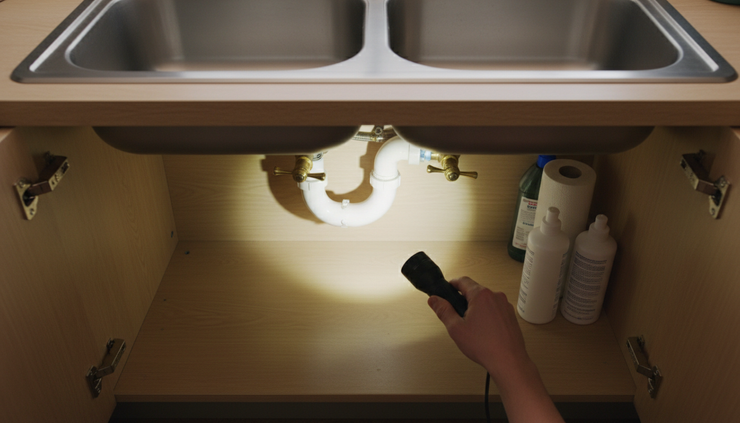 Overhead view of a homeowner inspecting under-sink pipes with a flashlight