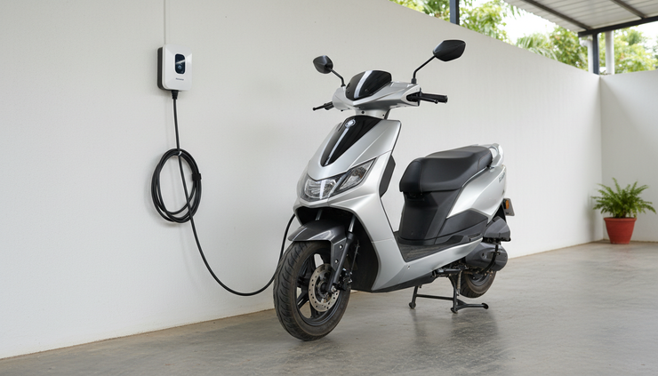 Low-angle view of an electric scooter charging safely in a covered home parking area