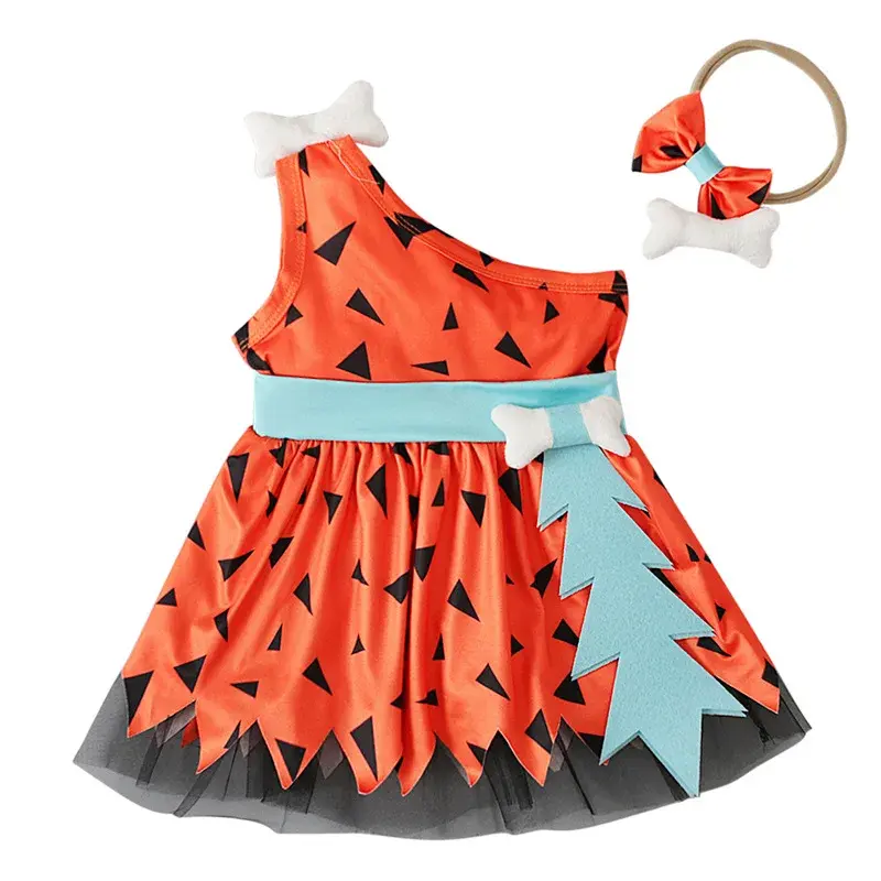 Thumbnail: Prowow Baby Girls One Shoulder Orange Caveman Dress with Headband