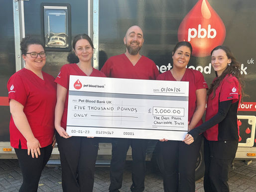 Cheque for £5,000 handed over to Pet Blood Bank UK from The Dian Plant Charitable Trust.