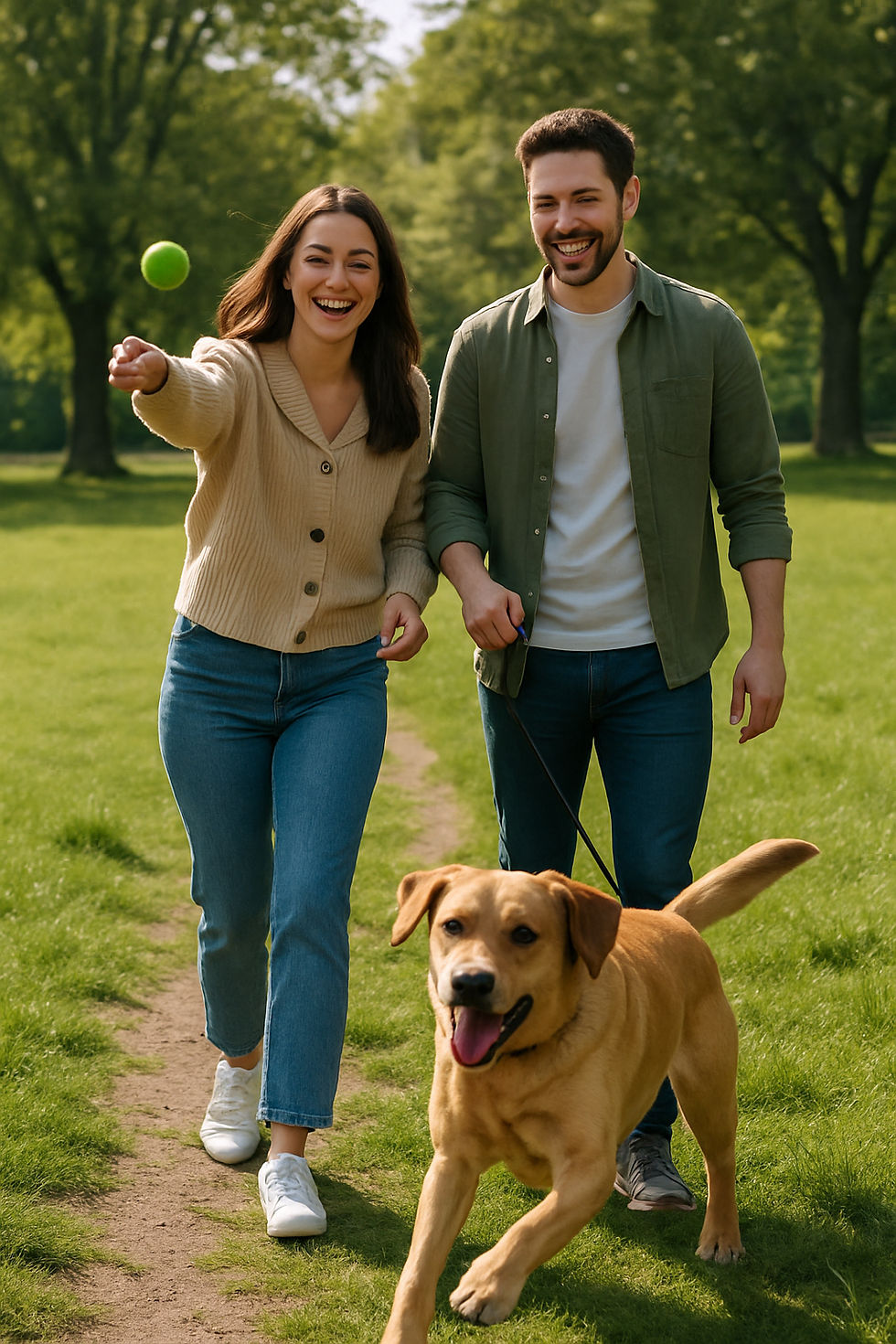 A couple walking their dog