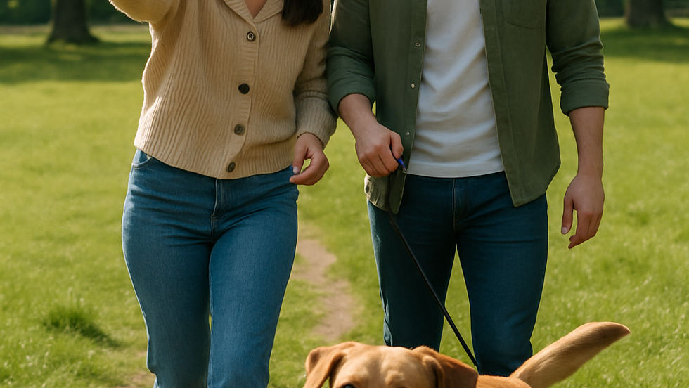 A couple walking their dog
