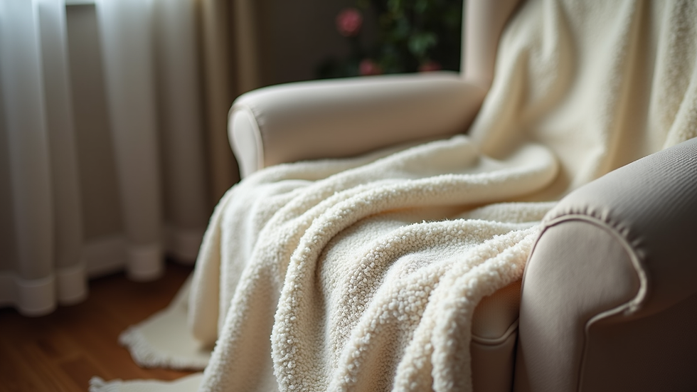 Close-up view of a soft blanket draped over a cozy chair