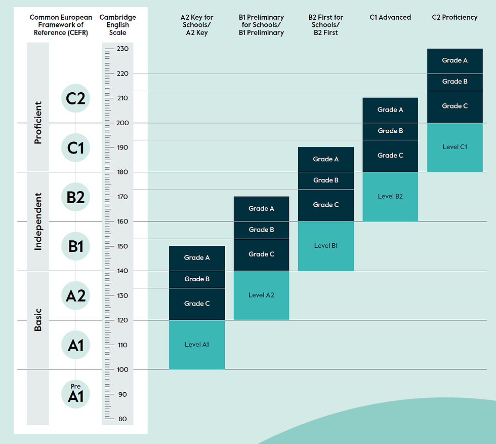 Skala poziomów CEFR (A1–C2) oraz odpowiadające im wyniki egzaminów Cambridge English (B2 First, C1 Advanced, C2 Proficiency)