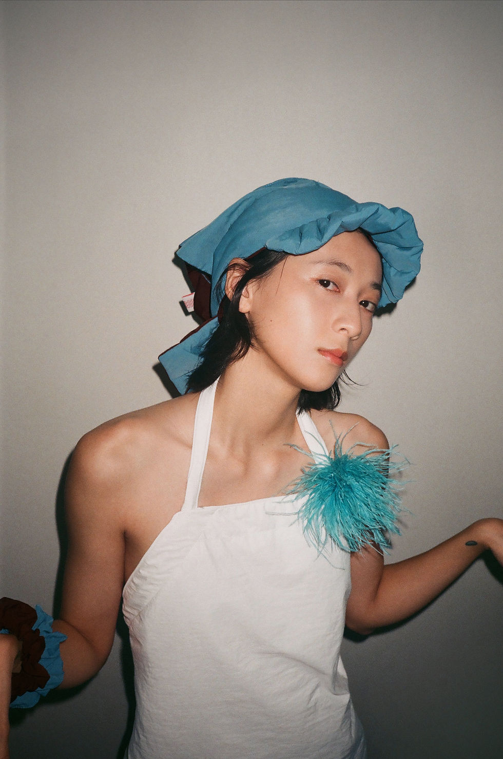 Thumbnail: Sky Blue And Brown Reversible Ruffled Cap Headscarf