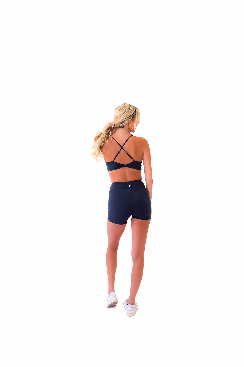 Back view of Stone Grey racerback sports bra and compression fit
