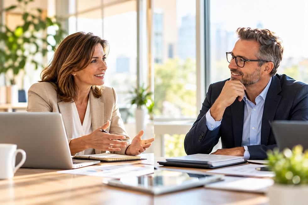 Business leaders discussing marketing strategy in a bright office, representing fractional CMO versus full-time CMO leadership.
