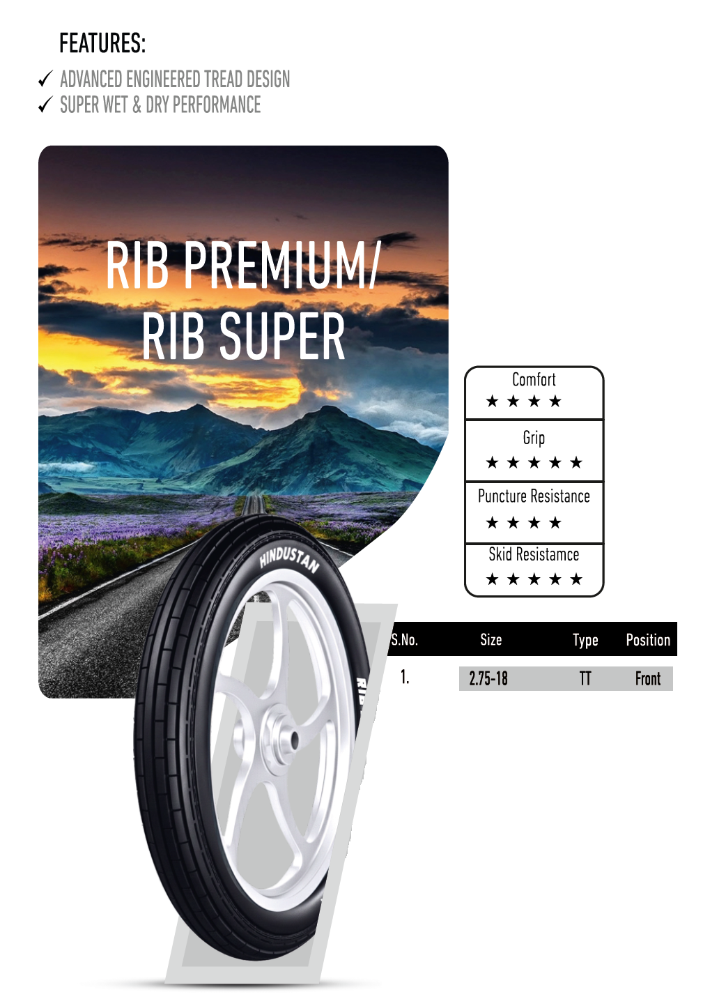 Llanta Moto 6PR T/T Ribpremium India Hindustan