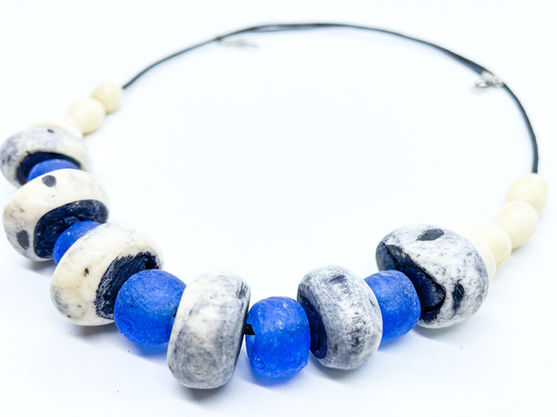 Blue ceramic and Gray stone Beads
