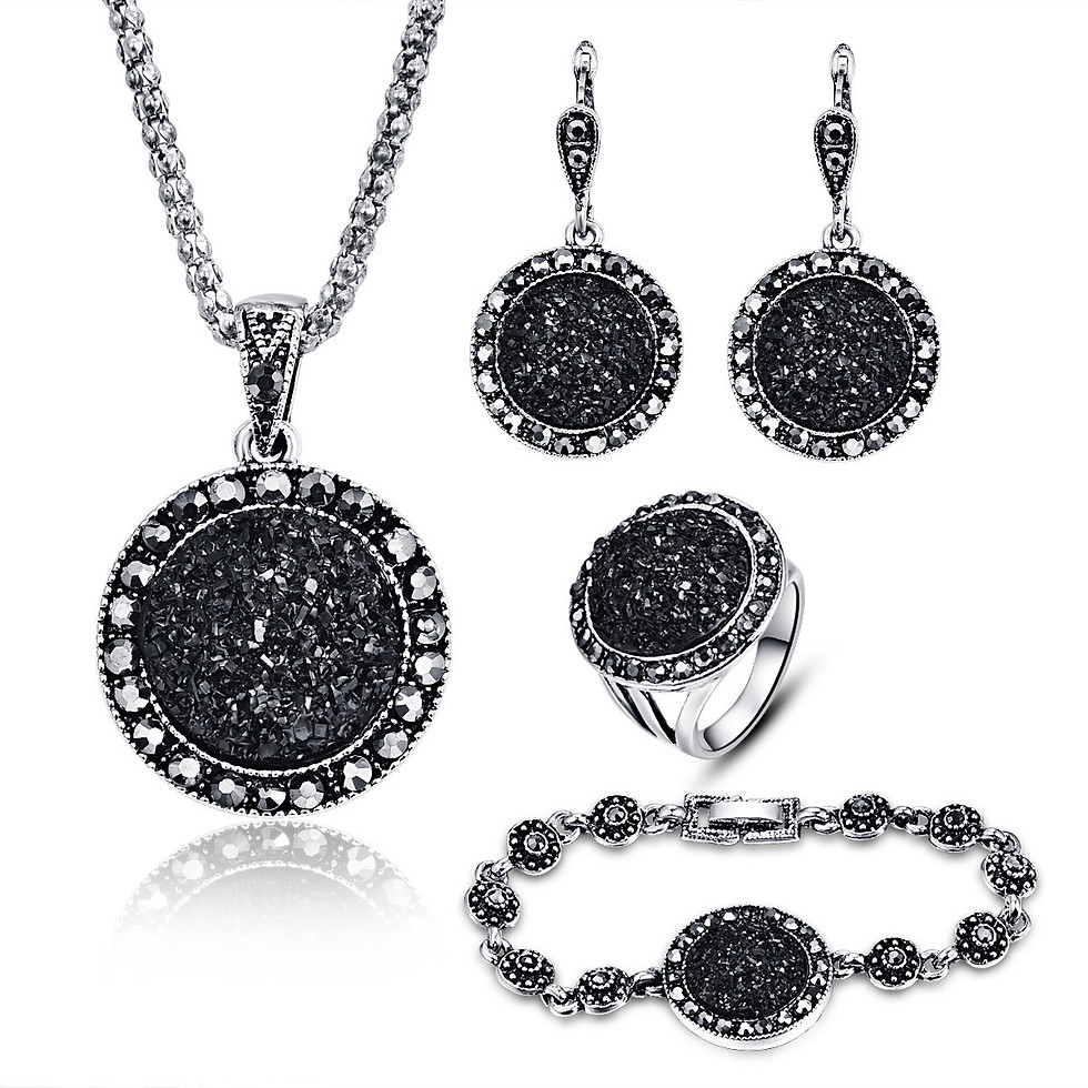 Thumbnail: Black Round Stone Resin Jewelry Set: Necklace, Bracelet, Earrings, Ring
