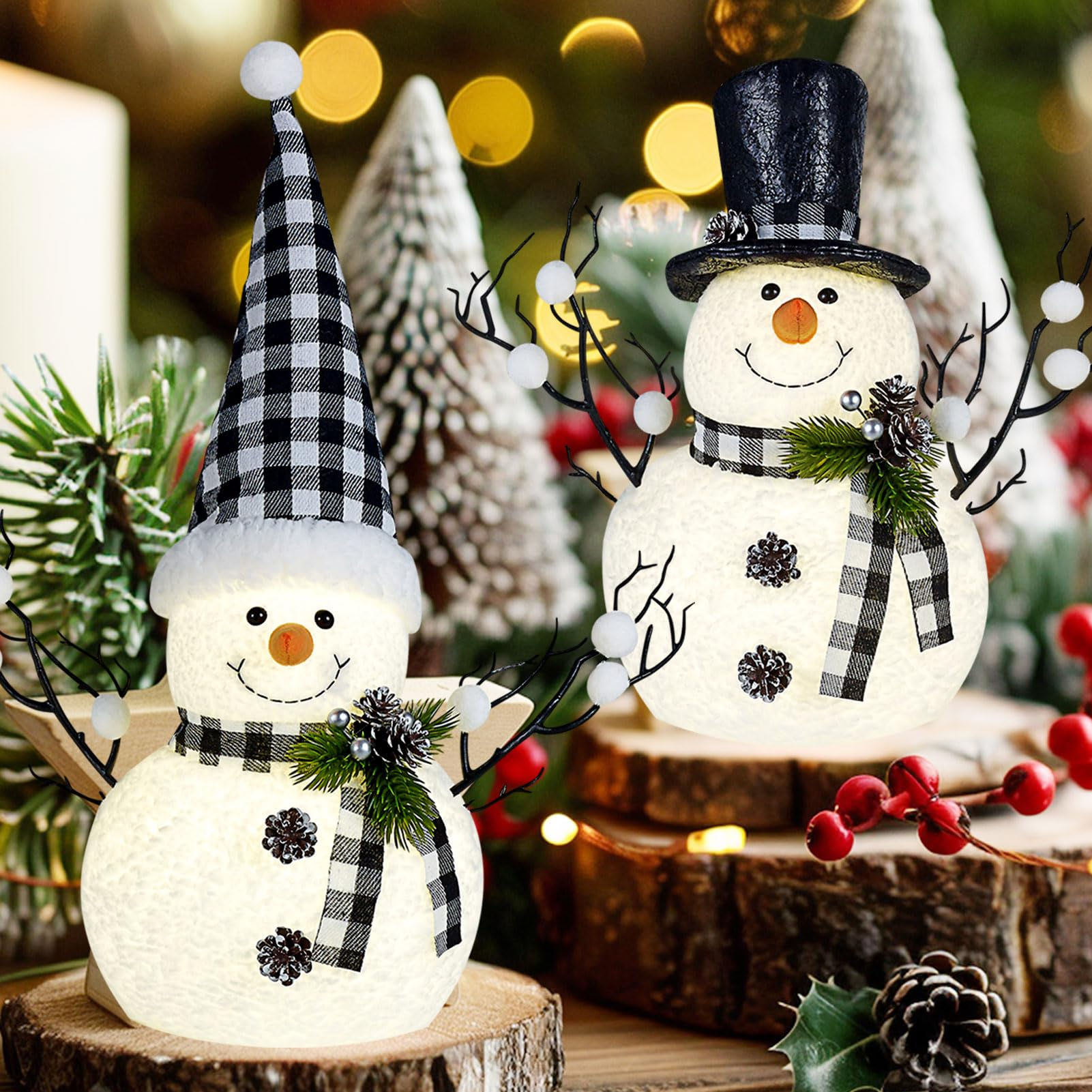 2 Pack Black and White Christmas Decor 14" Lighted Snowmen Tree Buffalo Check Pl