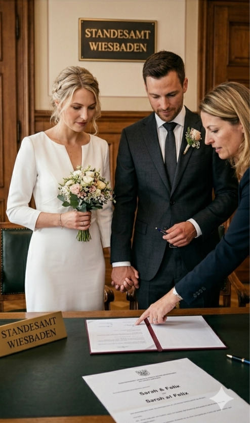 Ein Paar hält Händchen im Standesamt Wiesbaden. Die Braut trägt ein weißes Kleid und Blumenstrauß, beide wirken konzentriert.