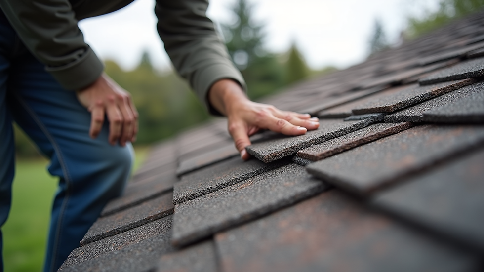 Close-up view of a roofing expert inspecting shingles on a residential roof