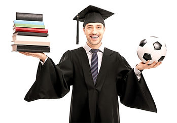 Happy graduate student holding a stack o