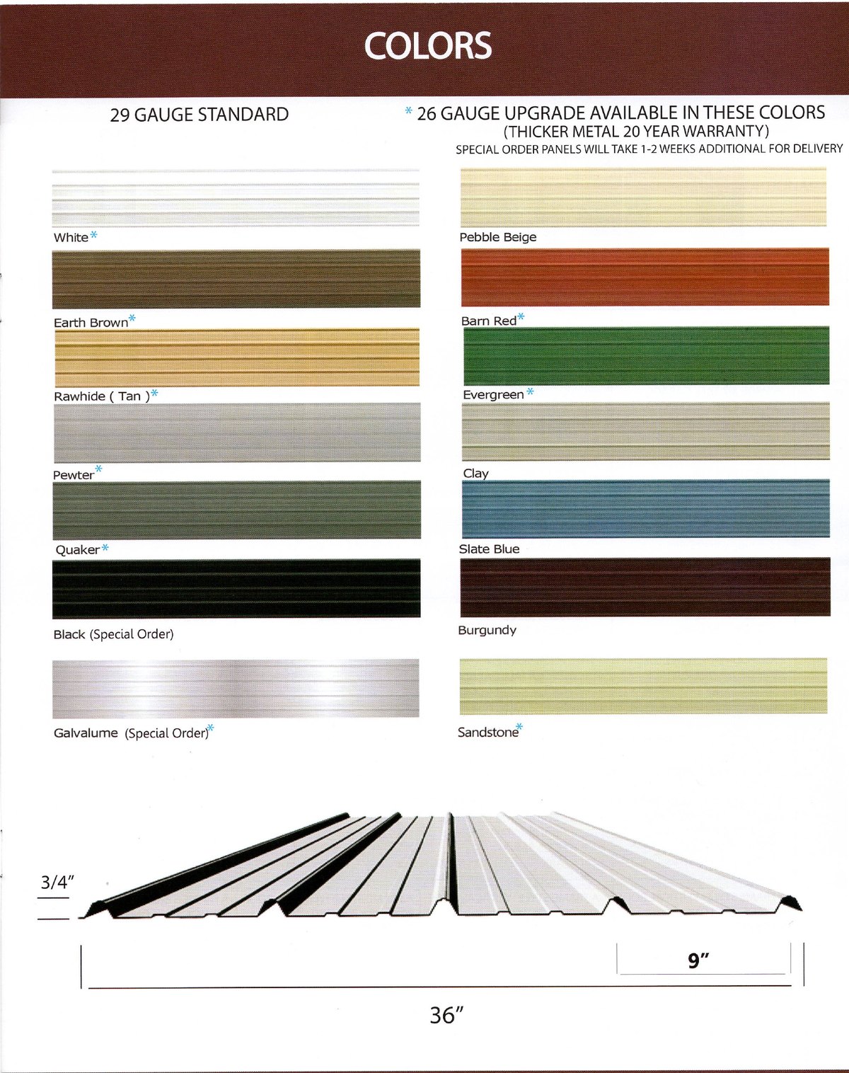 Metal siding and roofing panel color chart with panel profile dimensions
