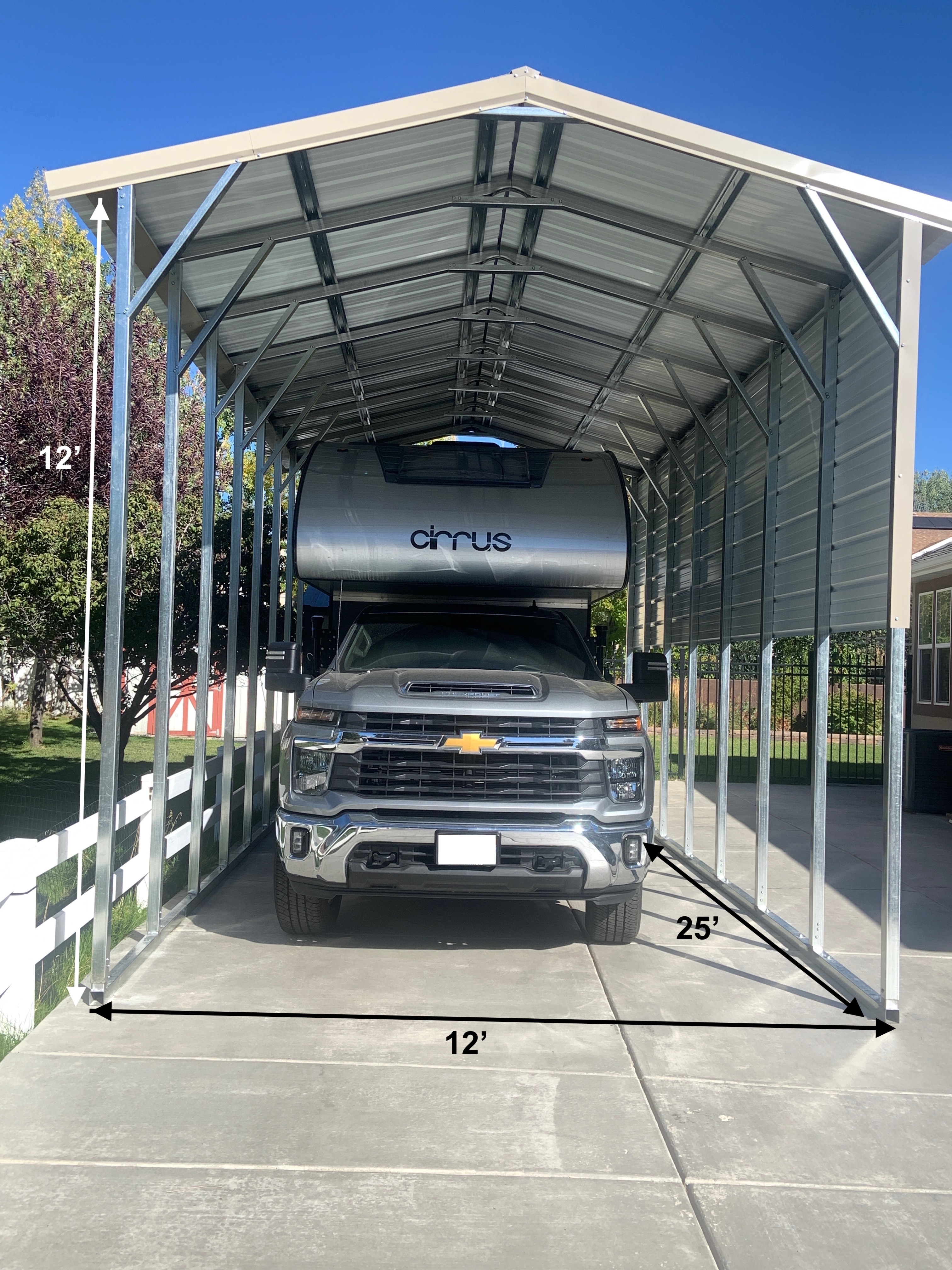 Annotated 12 by 25 A-frame RV carport sheltering a truck camper in Heber, Utah