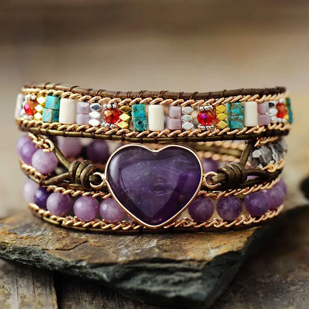 Violet Leather Heart Bracelet - Amethyst, 3-Strand