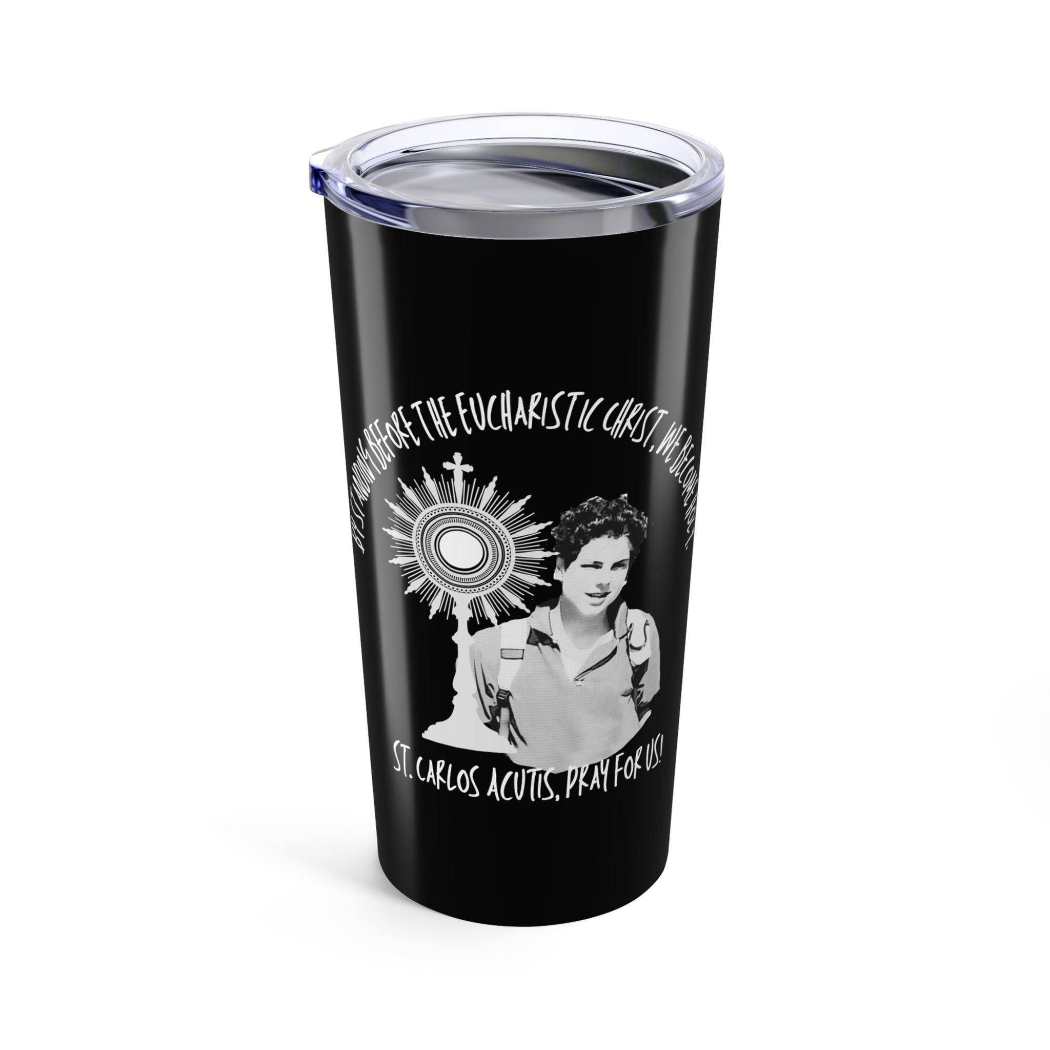 St. Carlos Acutis Tumbler - Eucharistic Steadfast Cup, stainless steel tumbler with faith design
