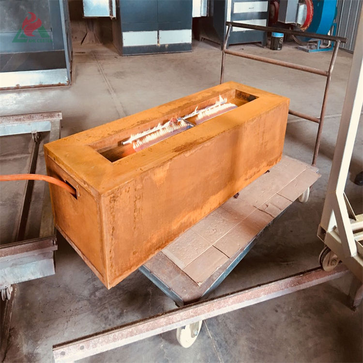 Thumbnail: Catholic-Inspired Corten Steel Gas Fire Pit — Warmth & Glory, square Corten steel fire pit with rusted finish and steady flam