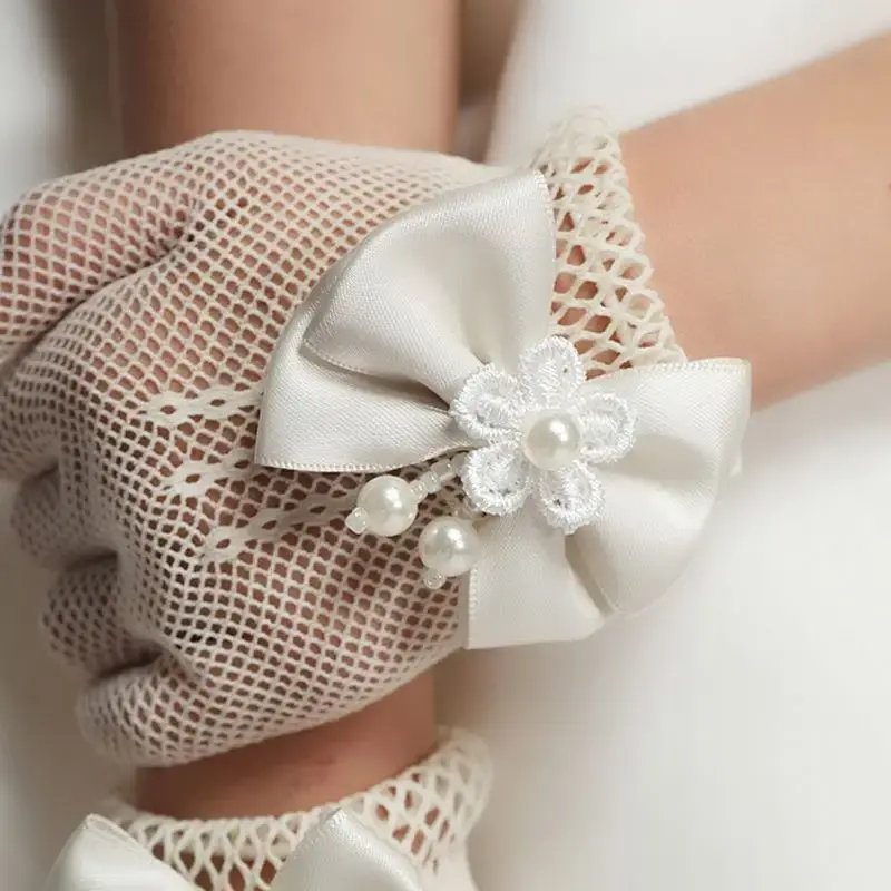 Thumbnail: First Communion Gloves - Mesh Hands of Purity white lace bow pearl flower mesh opera length