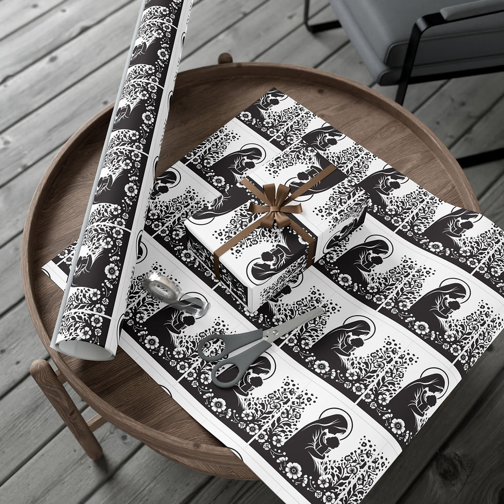 Thumbnail: Marian Ink Wrap - Etched Mother Gift Sheets, paper with black-and-white Mary and Child, floral design