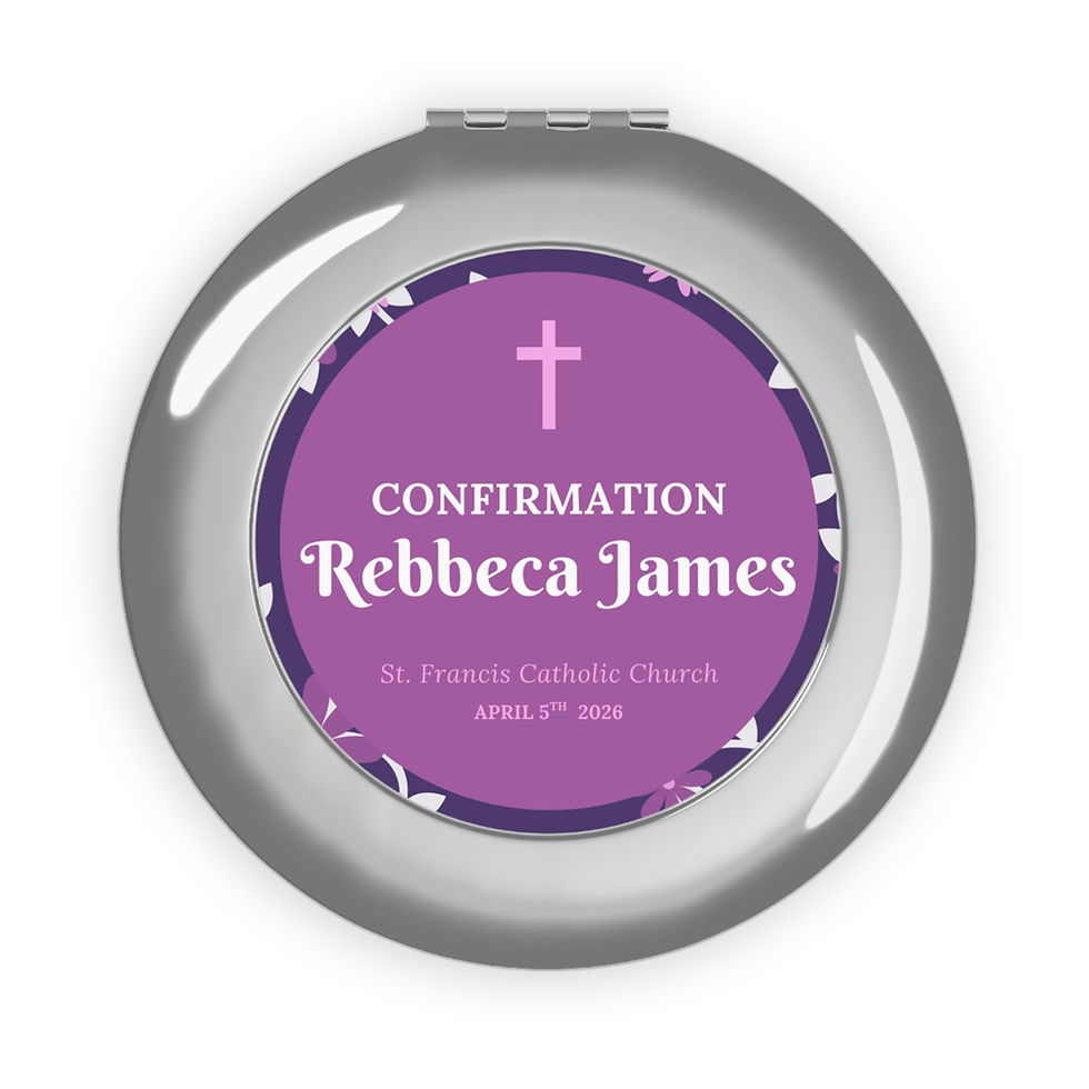 Thumbnail: Whimsical Confirmation Compact Mirror - Personalized, round metal compact mirror with custom name, church, date on white inse