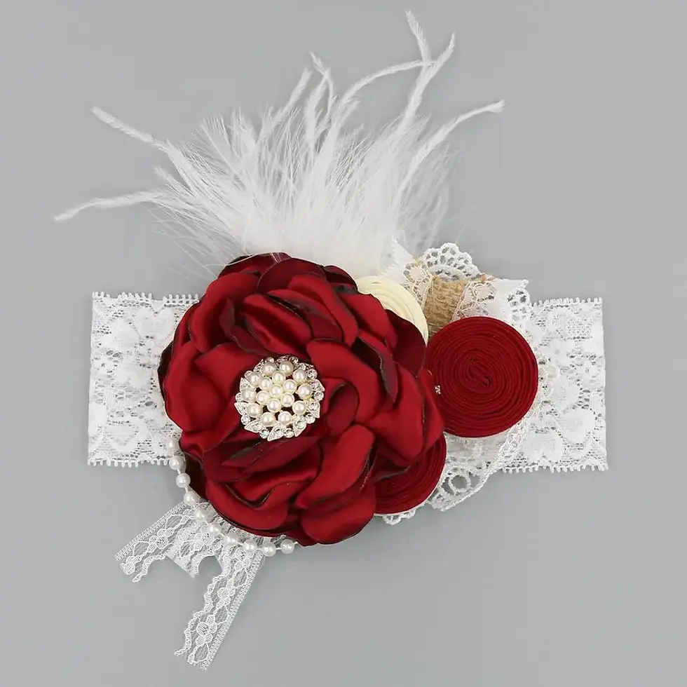 Thumbnail: First Communion Vintage Flower Headband, spandex pearl rhinestone feather girl headband blush mauve ivory